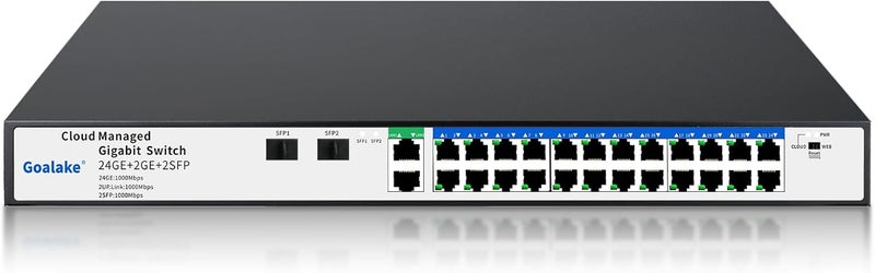 Goalake 26 Port Gigabit Switch, Easy Smart Managed Ethernet Switch, Network Hub, Ethernet Splitter, Plug & Play, Industrial Grade Fan Metal Design, VLAN, Qos, Desktop or Wall Mount - Image 1